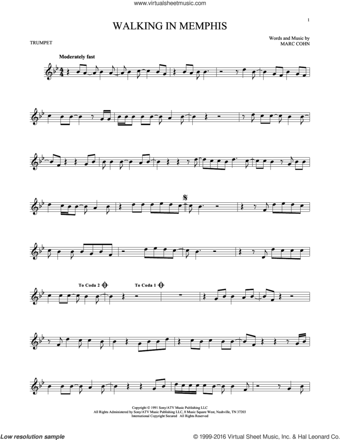 Walking In Memphis sheet music for trumpet solo by Marc Cohn and Lonestar, intermediate skill level