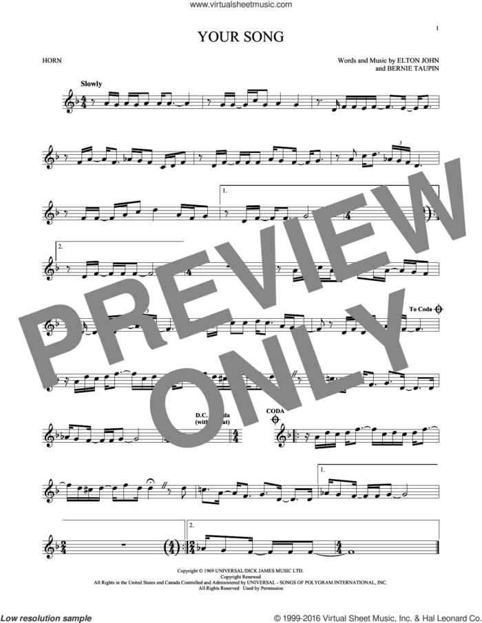 Your Song sheet music for horn solo by Elton John and Rod Stewart, intermediate skill level