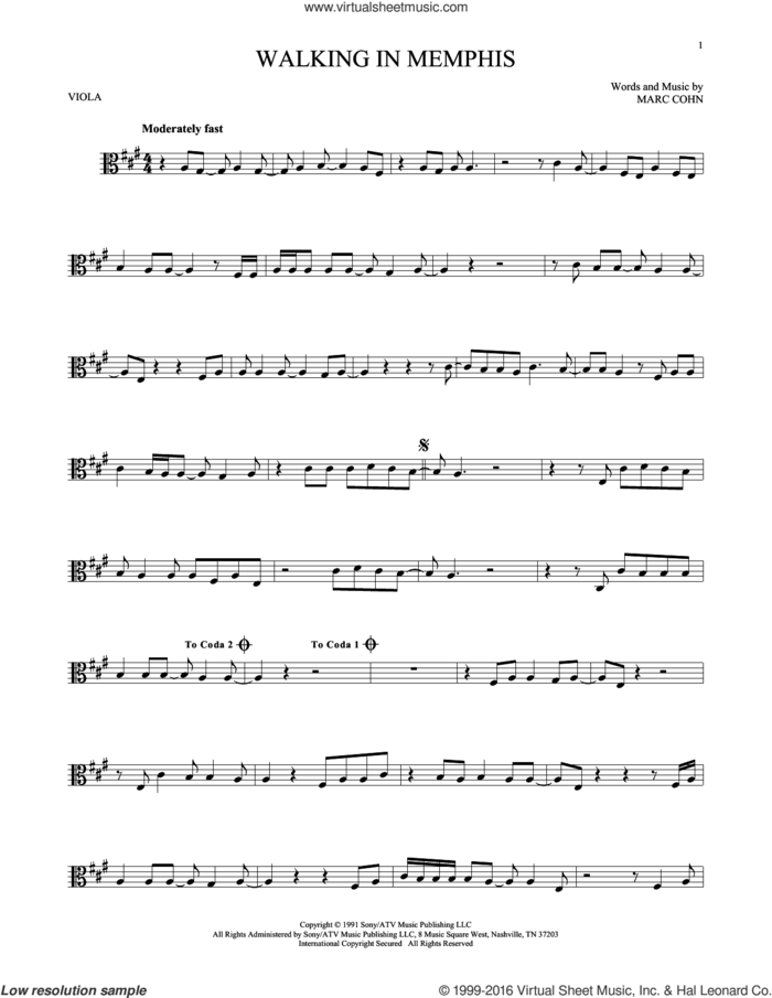 Walking In Memphis sheet music for viola solo by Marc Cohn and Lonestar, intermediate skill level