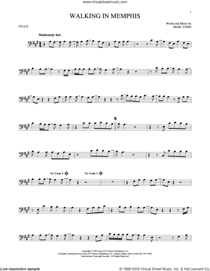 Walking In Memphis sheet music for cello solo by Marc Cohn and Lonestar, intermediate skill level