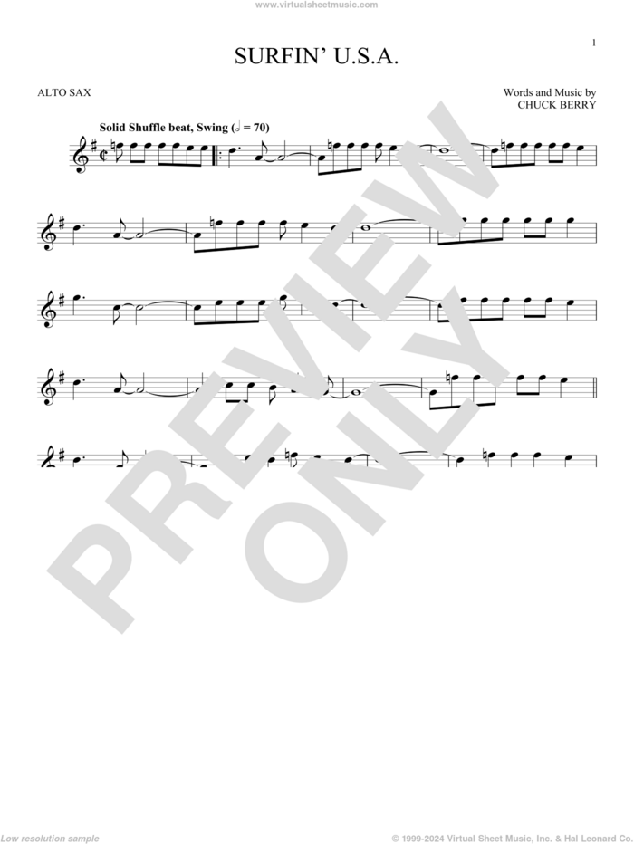 Surfin' U.S.A. sheet music for alto saxophone solo by The Beach Boys and Chuck Berry, intermediate skill level