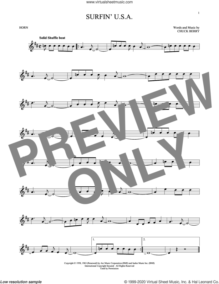 Surfin' U.S.A. sheet music for horn solo by The Beach Boys and Chuck Berry, intermediate skill level