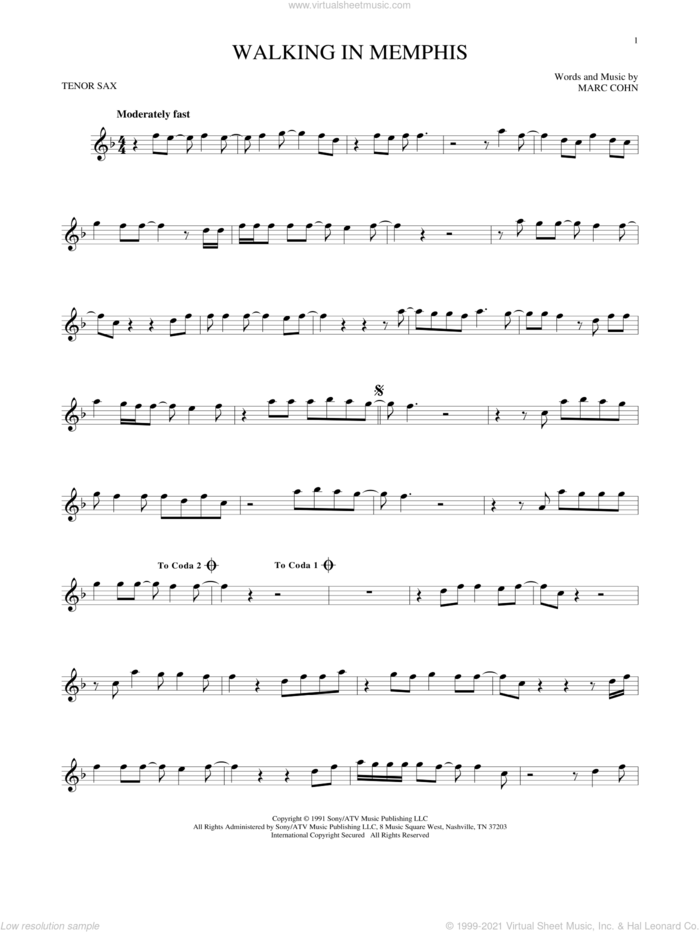 Walking In Memphis sheet music for tenor saxophone solo by Marc Cohn and Lonestar, intermediate skill level