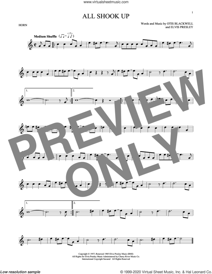 All Shook Up sheet music for horn solo by Elvis Presley, Suzi Quatro and Otis Blackwell, intermediate skill level