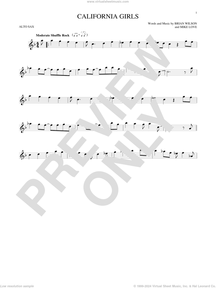 California Girls sheet music for alto saxophone solo by The Beach Boys, David Lee Roth, Brian Wilson and Mike Love, intermediate skill level