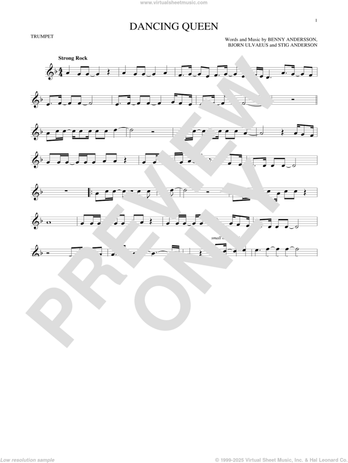 Dancing Queen sheet music for trumpet solo by ABBA, Benny Andersson, Bjorn Ulvaeus and Stig Anderson, intermediate skill level