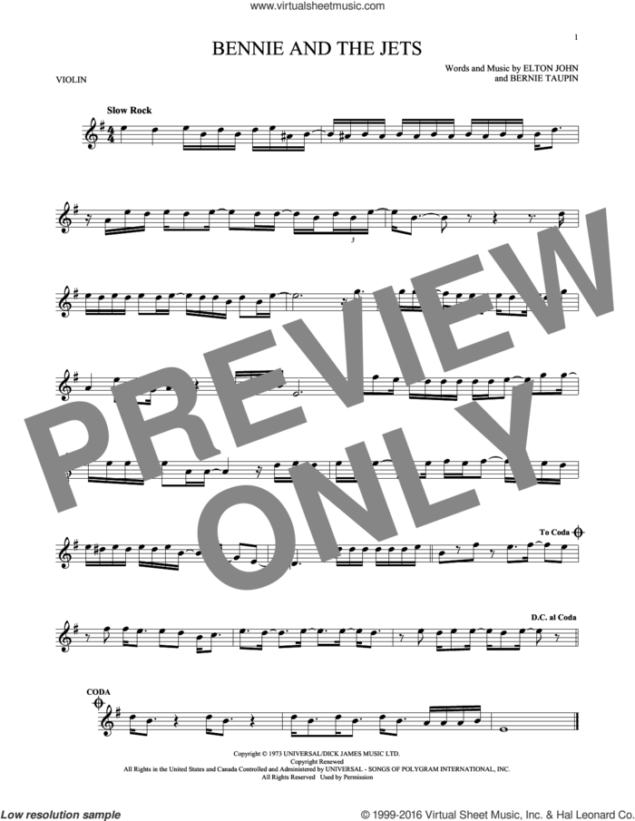 Bennie And The Jets sheet music for violin solo by Elton John and Bernie Taupin, intermediate skill level
