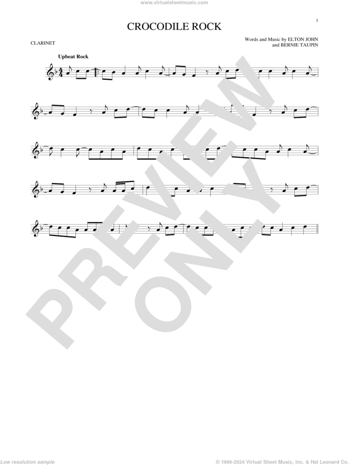 Crocodile Rock sheet music for clarinet solo by Elton John and Bernie Taupin, intermediate skill level