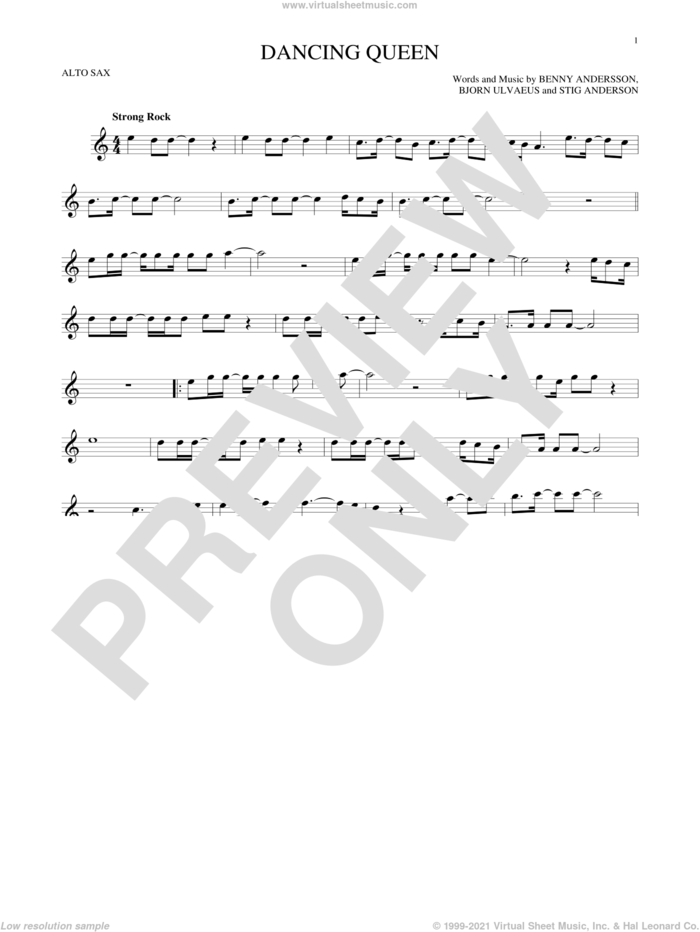 Dancing Queen sheet music for alto saxophone solo by ABBA, Benny Andersson, Bjorn Ulvaeus and Stig Anderson, intermediate skill level