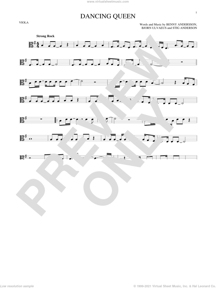 Dancing Queen sheet music for viola solo by ABBA, Benny Andersson, Bjorn Ulvaeus and Stig Anderson, intermediate skill level