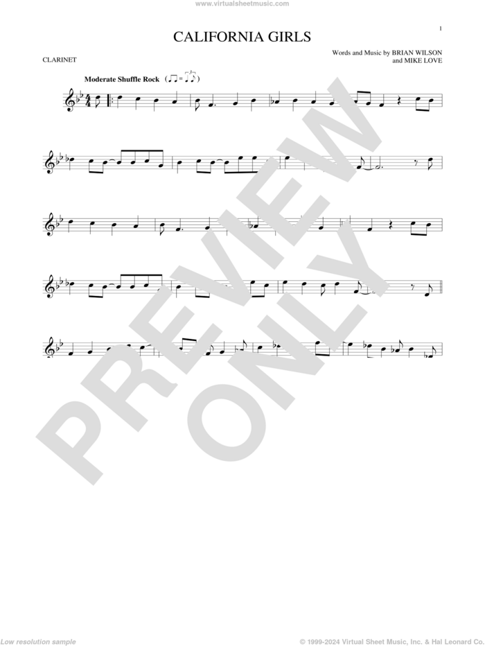 California Girls sheet music for clarinet solo by The Beach Boys, David Lee Roth, Brian Wilson and Mike Love, intermediate skill level