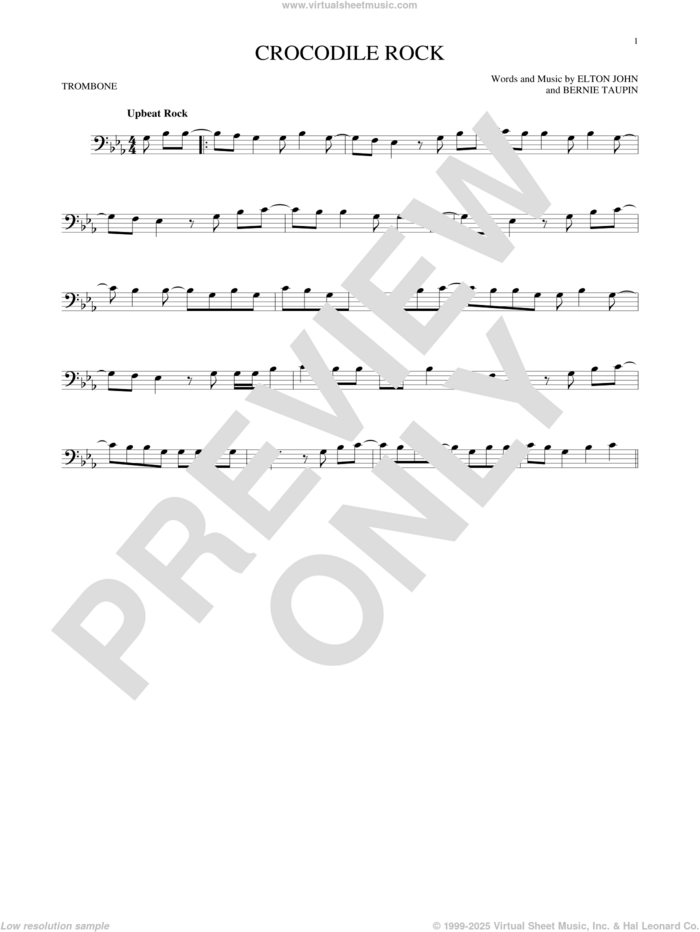 Crocodile Rock sheet music for trombone solo by Elton John and Bernie Taupin, intermediate skill level