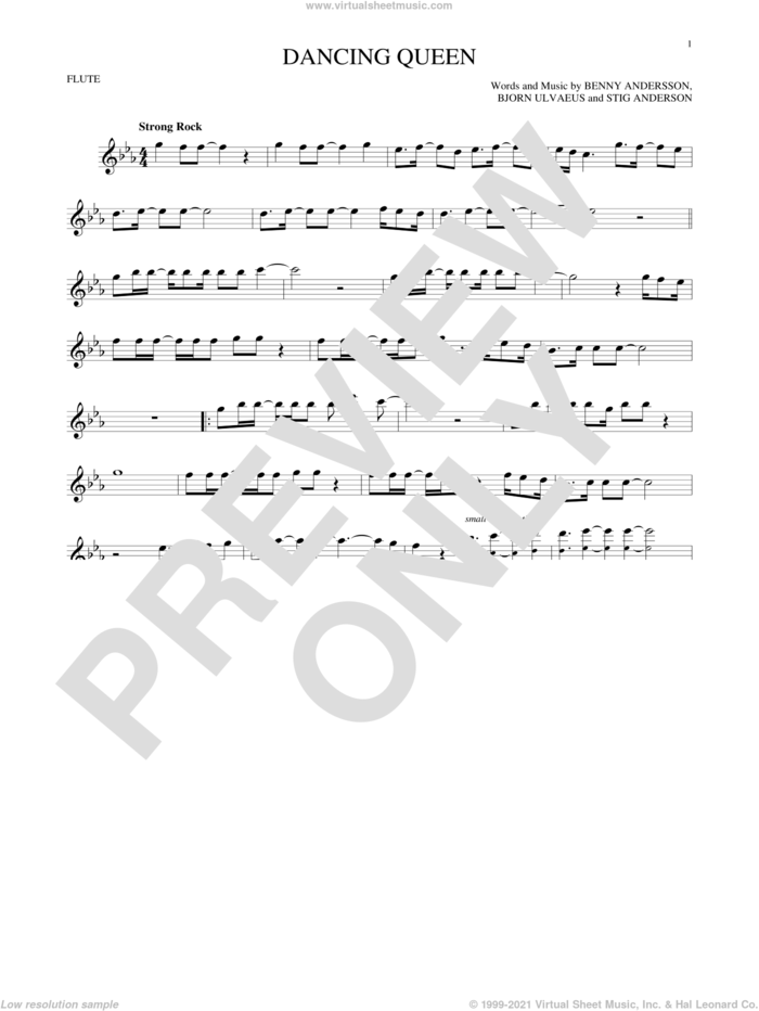 Dancing Queen sheet music for flute solo by ABBA, Benny Andersson, Bjorn Ulvaeus and Stig Anderson, intermediate skill level