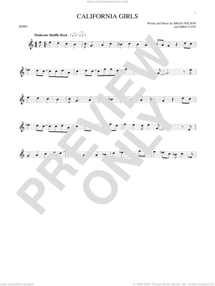 California Girls sheet music for horn solo by The Beach Boys, David Lee Roth, Brian Wilson and Mike Love, intermediate skill level