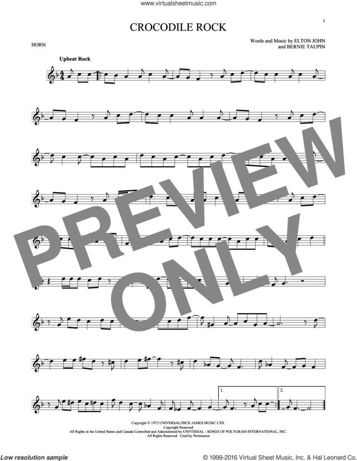 Crocodile Rock sheet music for horn solo by Elton John and Bernie Taupin, intermediate skill level