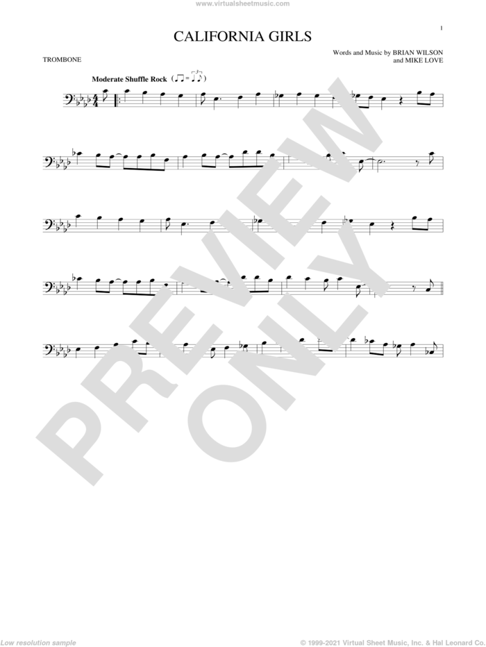 California Girls sheet music for trombone solo by The Beach Boys, David Lee Roth, Brian Wilson and Mike Love, intermediate skill level
