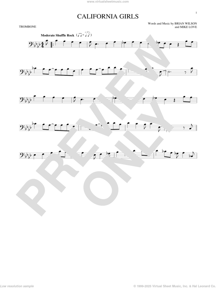 California Girls sheet music for trombone solo by The Beach Boys, David Lee Roth, Brian Wilson and Mike Love, intermediate skill level