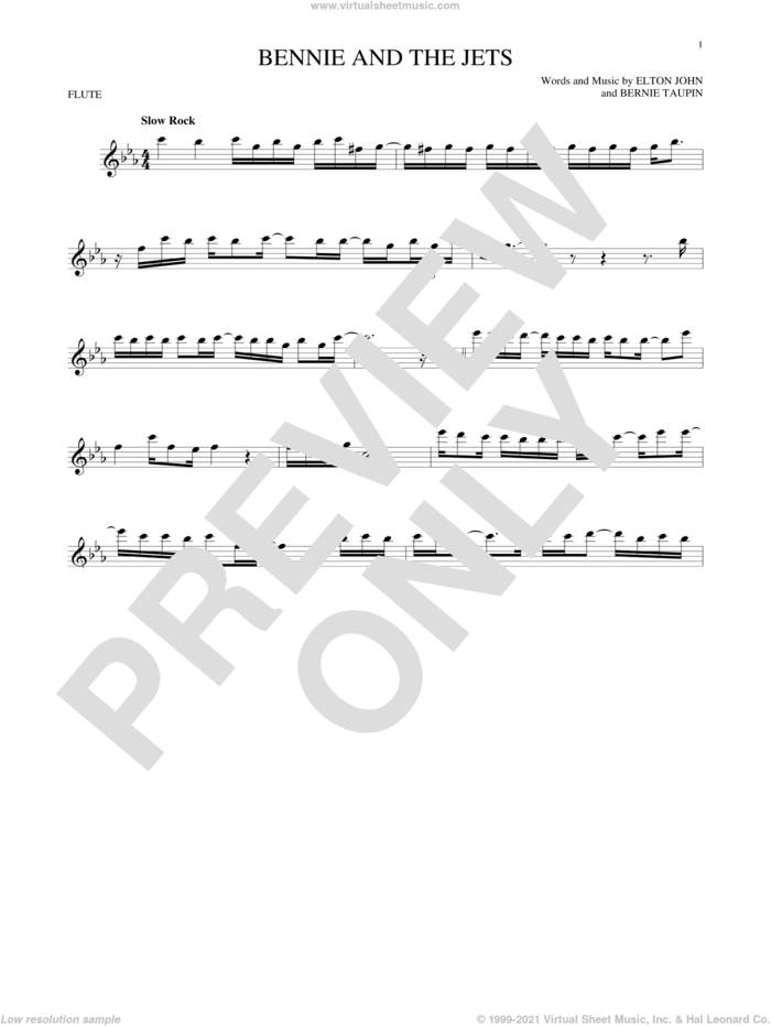 Bennie And The Jets sheet music for flute solo by Elton John and Bernie Taupin, intermediate skill level