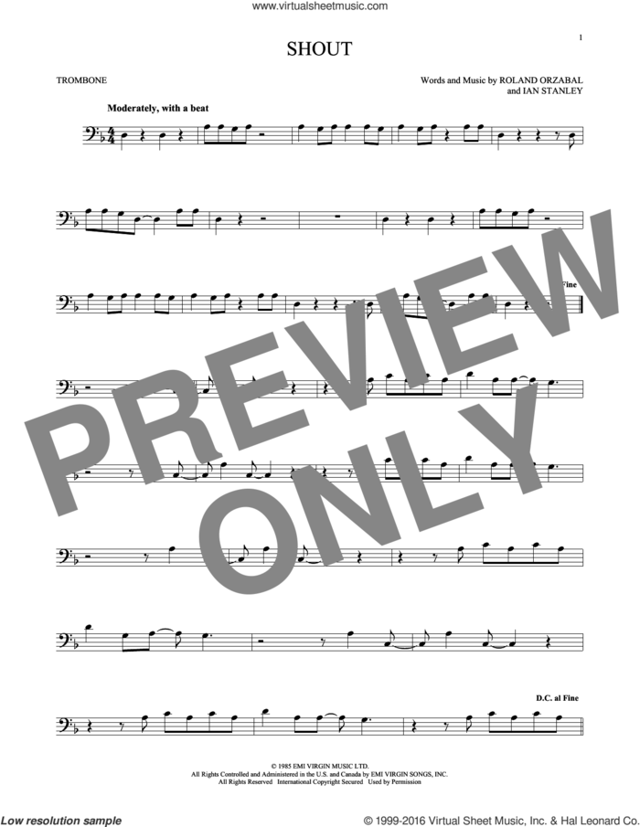 Shout sheet music for trombone solo by Tears For Fears, Ian Stanley and Roland Orzabal, intermediate skill level