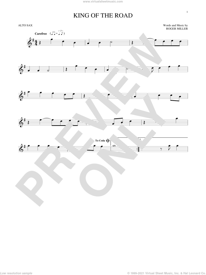 King Of The Road sheet music for alto saxophone solo by Roger Miller and Randy Travis, intermediate skill level