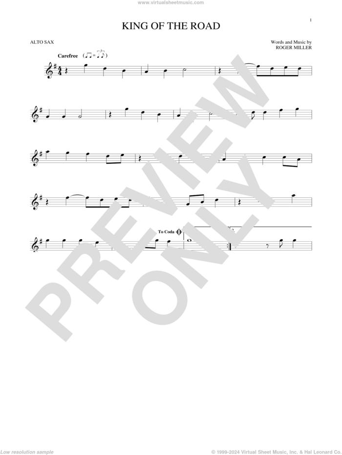 King Of The Road sheet music for alto saxophone solo by Roger Miller and Randy Travis, intermediate skill level