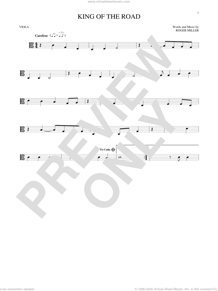 King Of The Road sheet music for viola solo by Roger Miller and Randy Travis, intermediate skill level