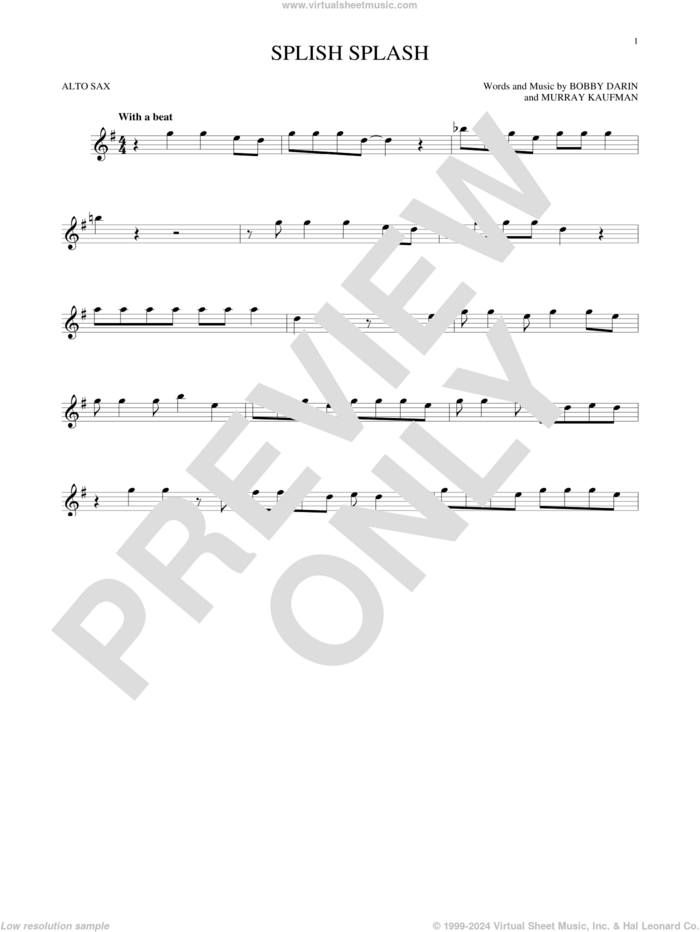 Splish Splash sheet music for alto saxophone solo by Bobby Darin and Murray Kaufman, intermediate skill level