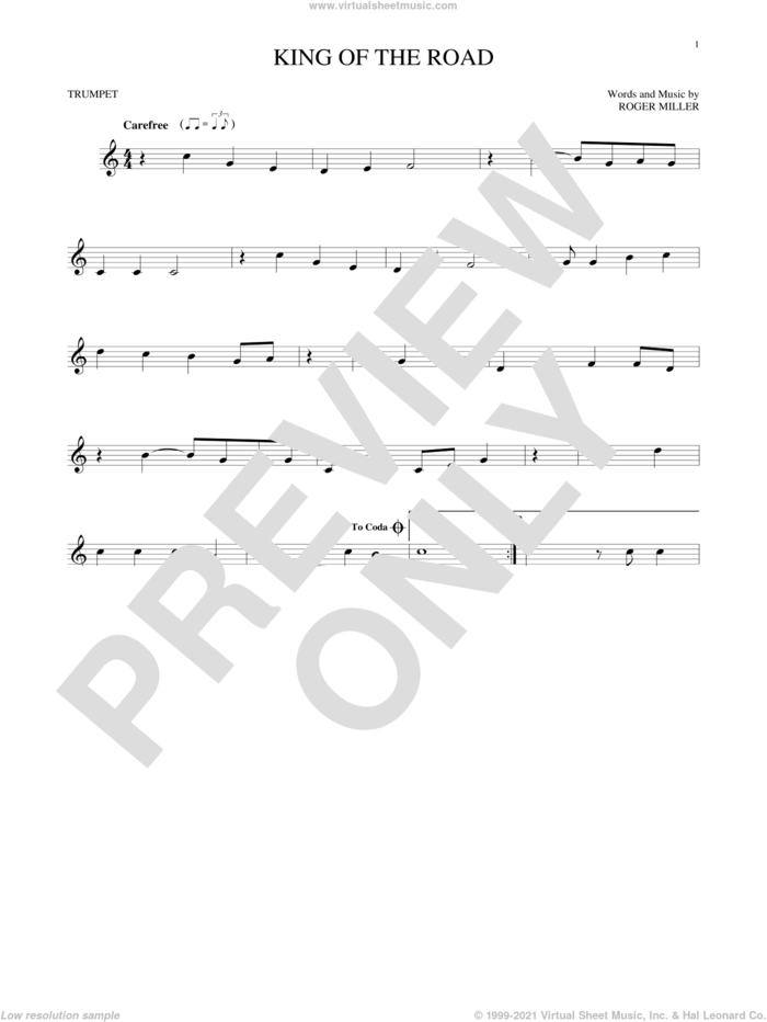 King Of The Road sheet music for trumpet solo by Roger Miller and Randy Travis, intermediate skill level