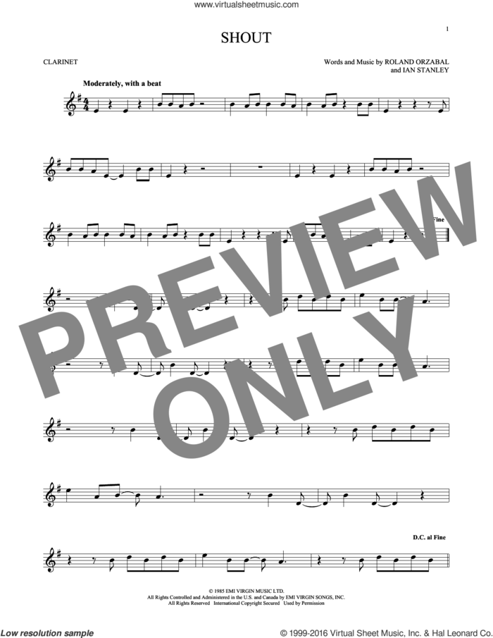Shout sheet music for clarinet solo by Tears For Fears, Ian Stanley and Roland Orzabal, intermediate skill level
