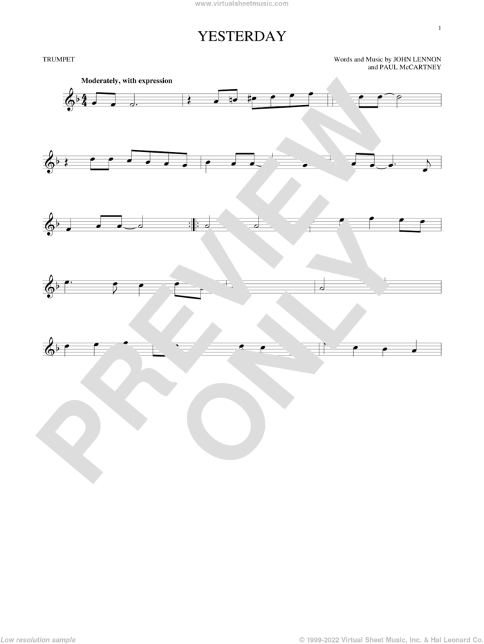 Yesterday sheet music for trumpet solo by The Beatles, John Lennon and Paul McCartney, intermediate skill level