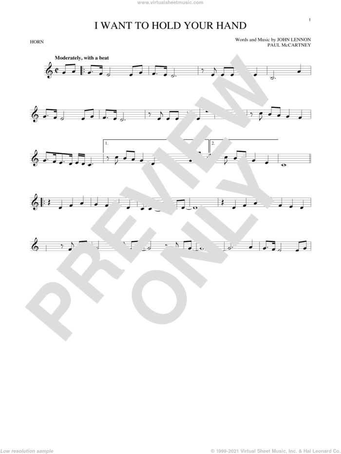I Want To Hold Your Hand sheet music for horn solo by The Beatles, John Lennon and Paul McCartney, intermediate skill level