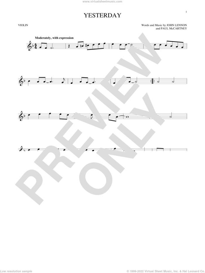 Yesterday sheet music for violin solo by The Beatles, John Lennon and Paul McCartney, intermediate skill level