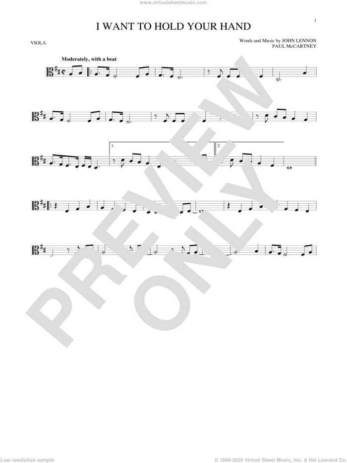 I Want To Hold Your Hand sheet music for viola solo by The Beatles, John Lennon and Paul McCartney, intermediate skill level