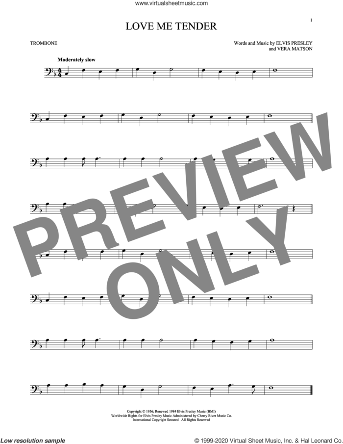 Love Me Tender sheet music for trombone solo by Elvis Presley and Vera Matson, wedding score, intermediate skill level