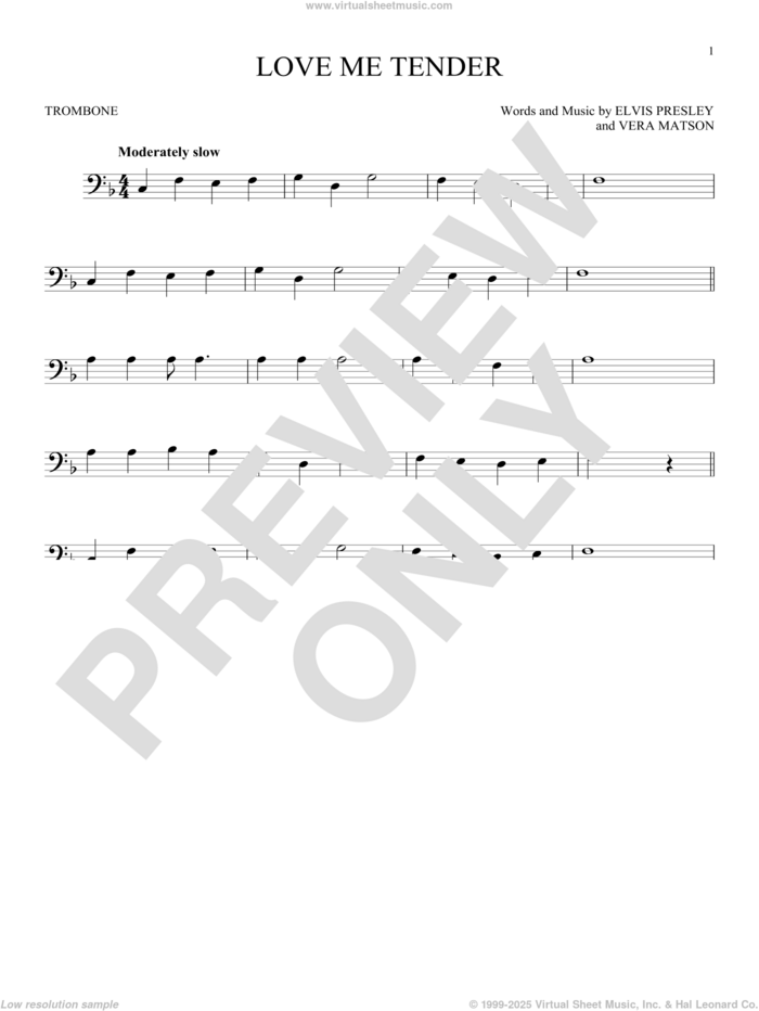 Love Me Tender sheet music for trombone solo by Elvis Presley and Vera Matson, wedding score, intermediate skill level