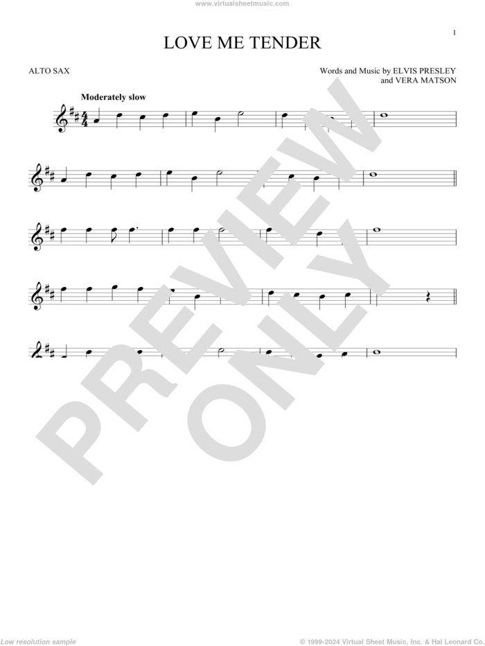 Love Me Tender sheet music for alto saxophone solo by Elvis Presley and Vera Matson, wedding score, intermediate skill level