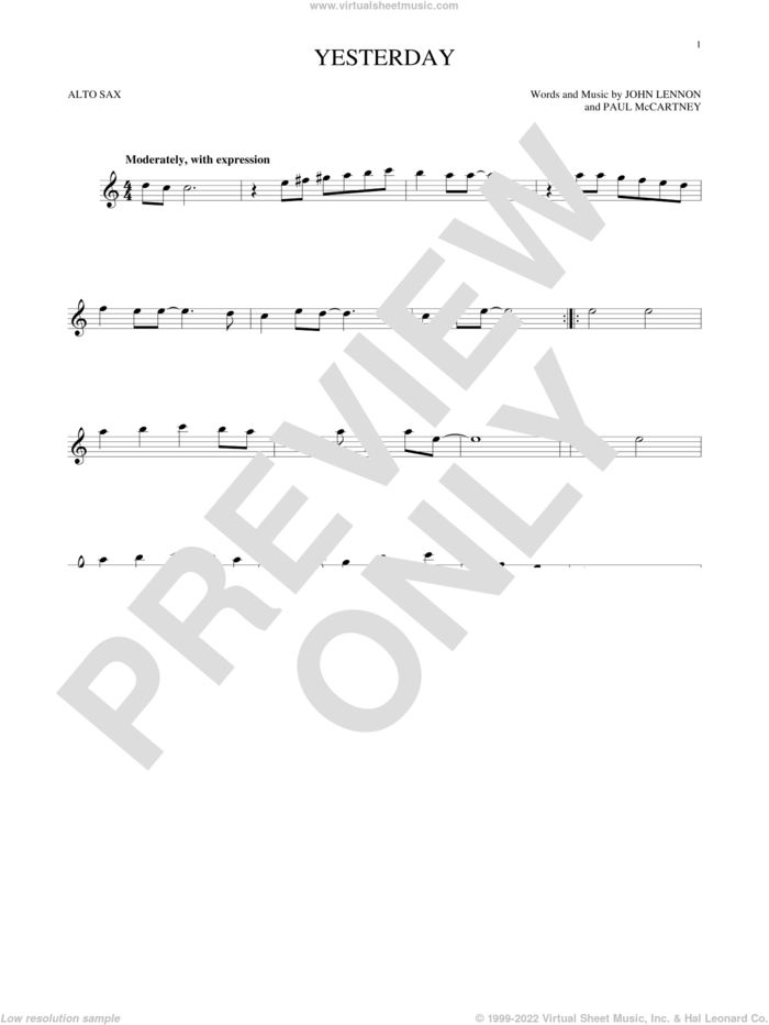 Yesterday sheet music for alto saxophone solo by The Beatles, John Lennon and Paul McCartney, intermediate skill level