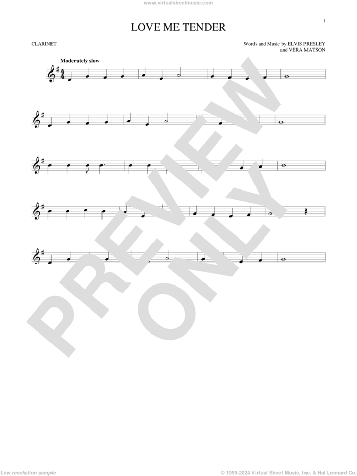 Love Me Tender sheet music for clarinet solo by Elvis Presley and Vera Matson, wedding score, intermediate skill level