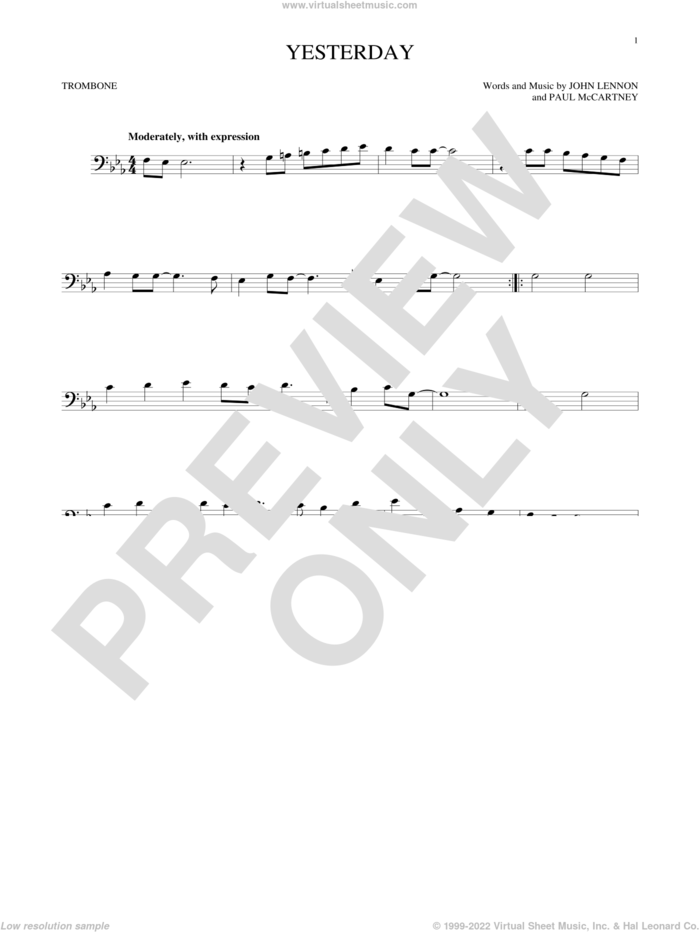Yesterday sheet music for trombone solo by The Beatles, John Lennon and Paul McCartney, intermediate skill level