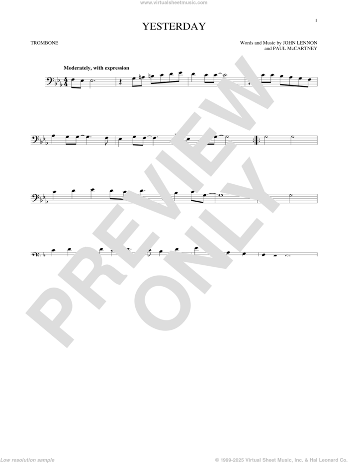 Yesterday sheet music for trombone solo by The Beatles, John Lennon and Paul McCartney, intermediate skill level