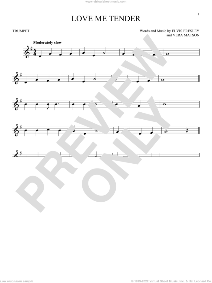 Love Me Tender sheet music for trumpet solo by Elvis Presley and Vera Matson, wedding score, intermediate skill level