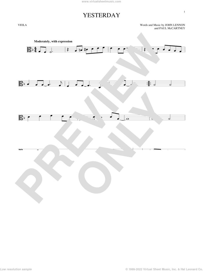 Yesterday sheet music for viola solo by The Beatles, John Lennon and Paul McCartney, intermediate skill level