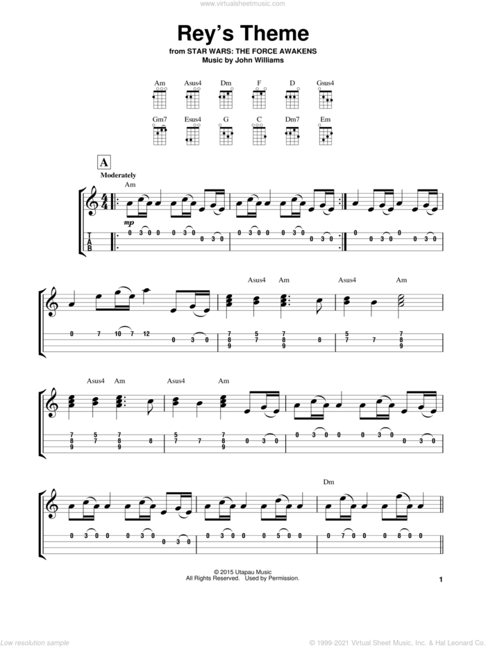 Rey's Theme sheet music for ukulele (easy tablature) (ukulele easy tab) by John Williams, intermediate skill level