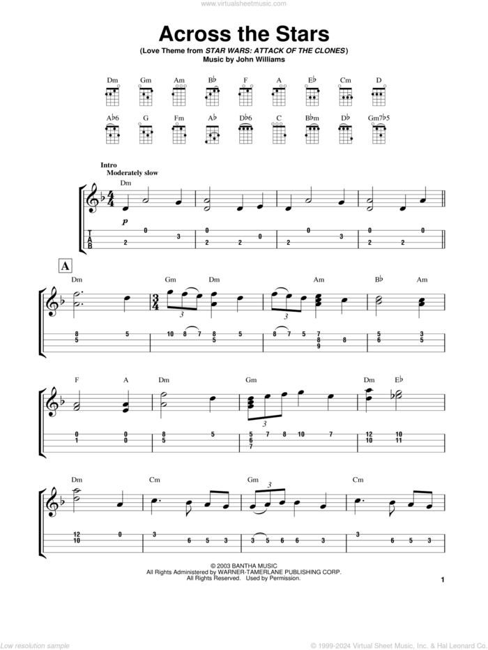 Across The Stars (from Star Wars: Attack of the Clones) sheet music for ukulele (easy tablature) (ukulele easy tab) by John Williams, intermediate skill level