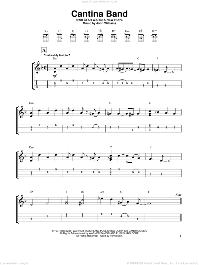 Cantina Band (from Star Wars: A New Hope) sheet music for ukulele (easy tablature) (ukulele easy tab) by John Williams, intermediate skill level