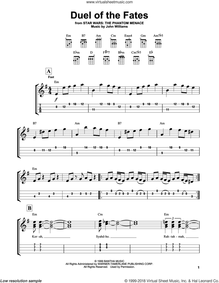 Duel Of The Fates (from Star Wars: The Phantom Menace) sheet music for ukulele (easy tablature) (ukulele easy tab) by John Williams, intermediate skill level