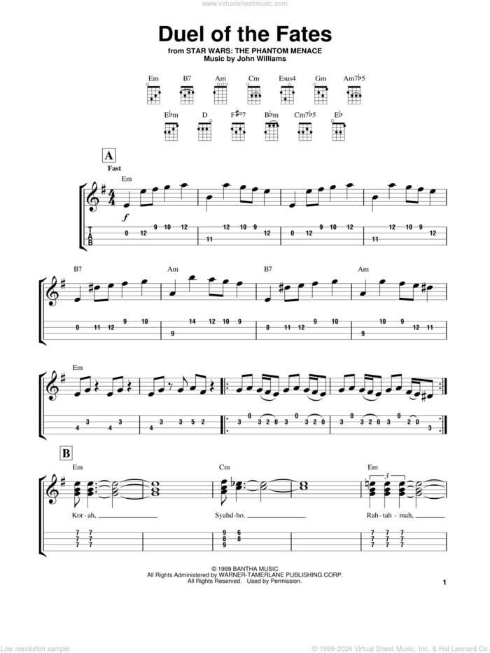 Duel Of The Fates (from Star Wars: The Phantom Menace) sheet music for ukulele (easy tablature) (ukulele easy tab) by John Williams, intermediate skill level