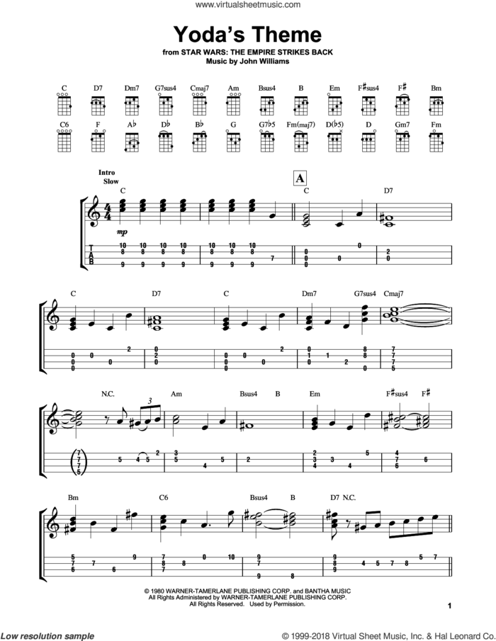 Yoda's Theme (from Star Wars: The Empire Strikes Back) sheet music for ukulele (easy tablature) (ukulele easy tab) by John Williams, intermediate skill level
