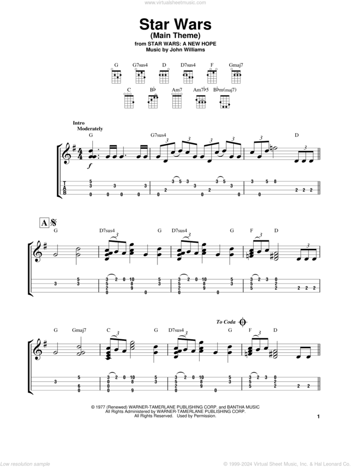 Star Wars (Main Theme) sheet music for ukulele (easy tablature) (ukulele easy tab) by John Williams, intermediate skill level