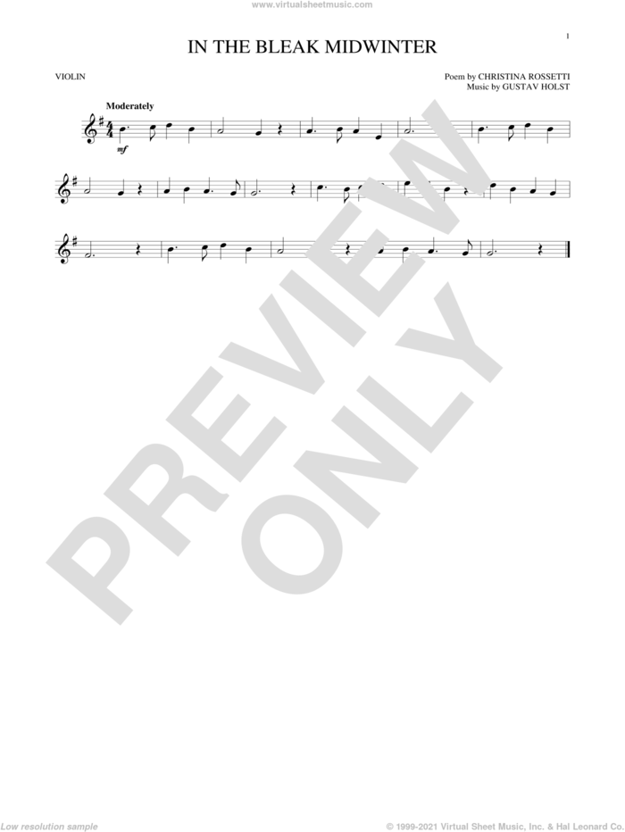 In The Bleak Midwinter sheet music for violin solo by Gustav Holst and Christina Rossetti, intermediate skill level